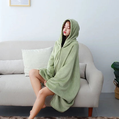 Poncho Plaid Vert Sauge Boutonné à Capuche