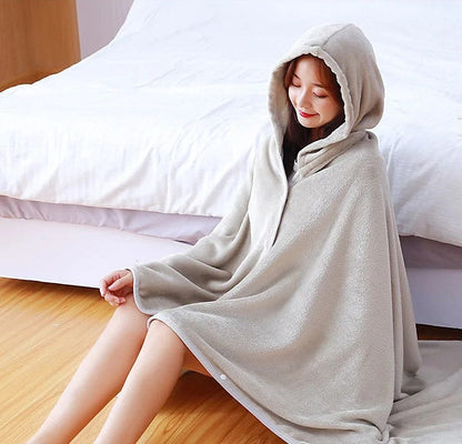 Poncho Plaid Gris Clair Boutonné à Capuche