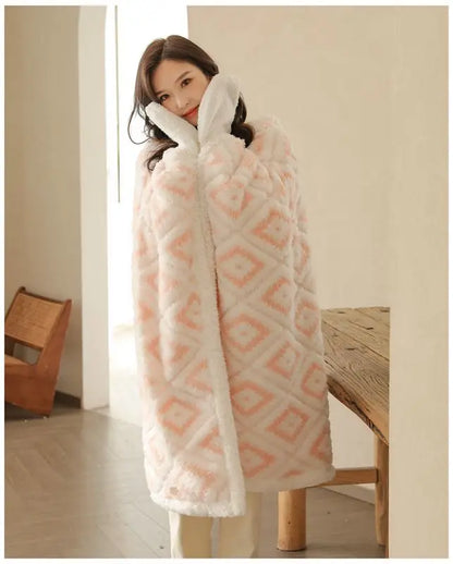 Poncho Plaid à Capuche Motif Aztèque Rose Avec Moufles Sherpa