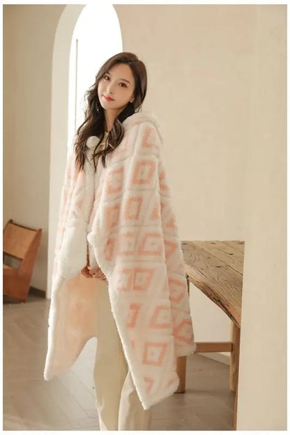 Poncho Plaid à Capuche Motif Aztèque Rose Avec Moufles Sherpa