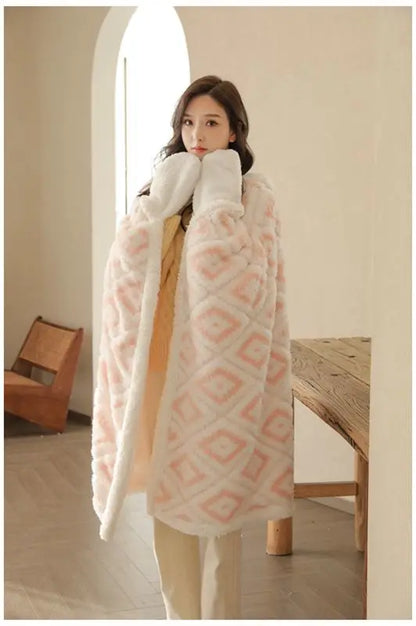 Poncho Plaid à Capuche Motif Aztèque Rose Avec Moufles Sherpa