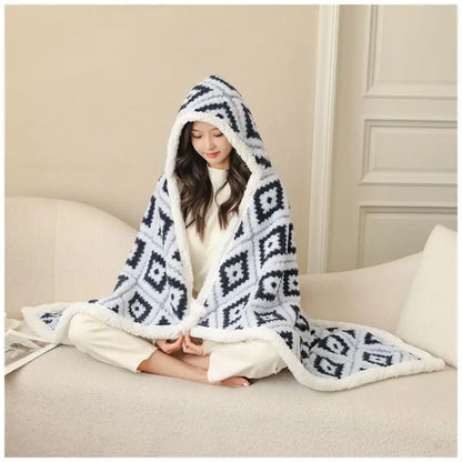 Poncho Plaid à Capuche Motif Aztèque Bleu
