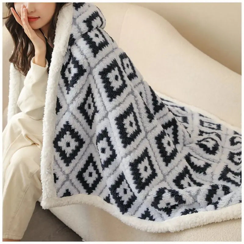 Poncho Plaid à Capuche Motif Aztèque Bleu