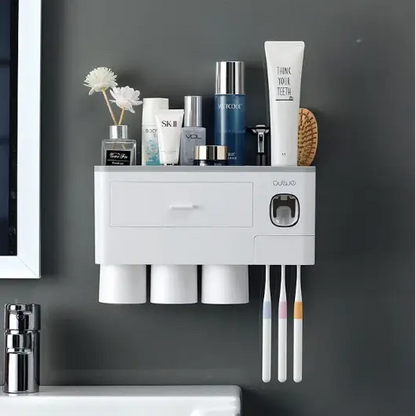 Porte brosse à dents mural - Distributeur automatique de dentifrice Support Triple 3 Tasses / Gris