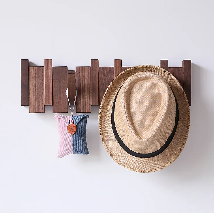 Porte Manteau Mural en Bois Massif avec 6 Crochets Pliables