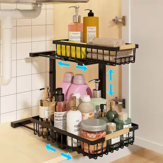 Lot de 2 supports de rangement sous évier en métal à deux niveaux coulissants