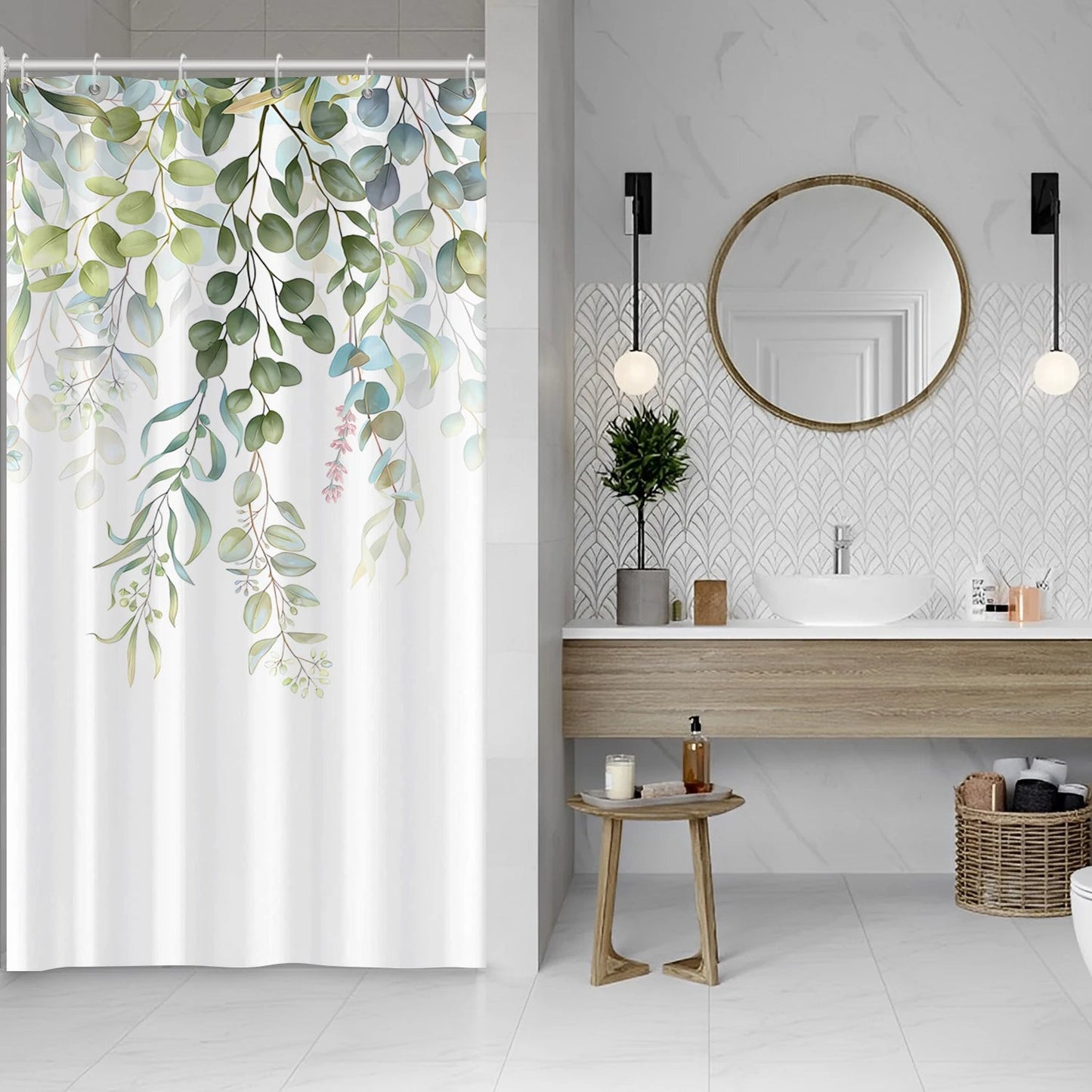 Rideau de Douche Imperméable avec Imprimé de Feuilles Vertes