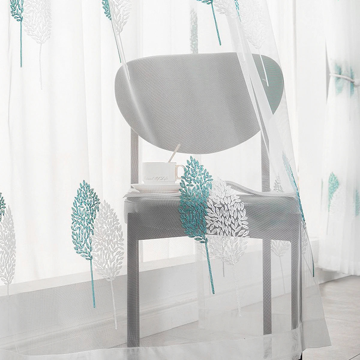 Rideau Transparent de Style Pastoral avec Feuilles Brodées