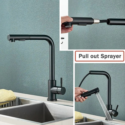 Robinet de Cuisine Noir avec Bec Rétractable et 2 Modes de Jet - Mélangeur d'Eau Chaud et Froid en Acier Inoxydable