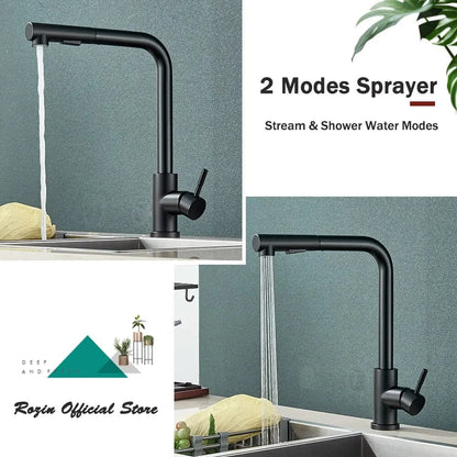 Robinet de Cuisine Noir avec Bec Rétractable et 2 Modes de Jet - Mélangeur d'Eau Chaud et Froid en Acier Inoxydable