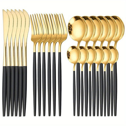 Service de Vaisselle Portugal - 24 pièces en Acier Inoxydable - Set de Couverts Steak Fourchettes Cuillères - Lave-Vaisselle - VVN75871 24PCS Black Golden