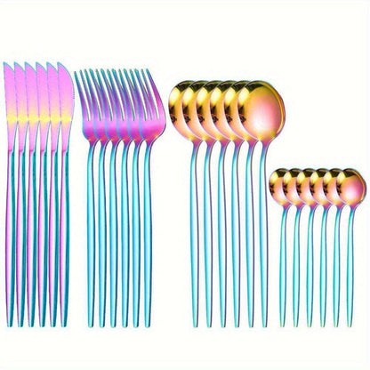Service de Vaisselle Portugal - 24 pièces en Acier Inoxydable - Set de Couverts Steak Fourchettes Cuillères - Lave-Vaisselle - VVN75871 24PCS Rainbow
