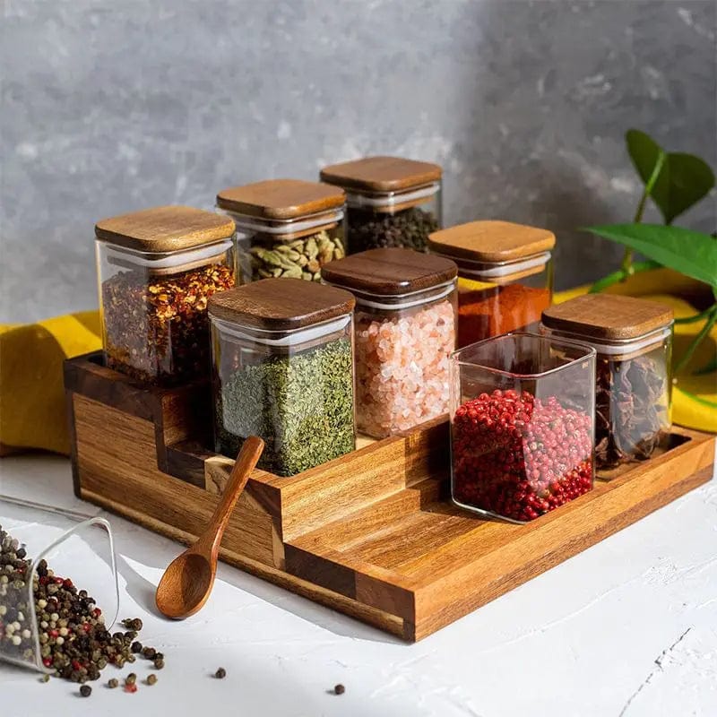 Set de 4 Pots à Épices en Verre Transparent et Couvercle en Bois d'Acacia 4pcs 220ml