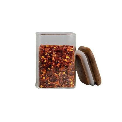 Lot de 4 Bocaux à Épices en Verre et Couvercle en Bois d'Acacia