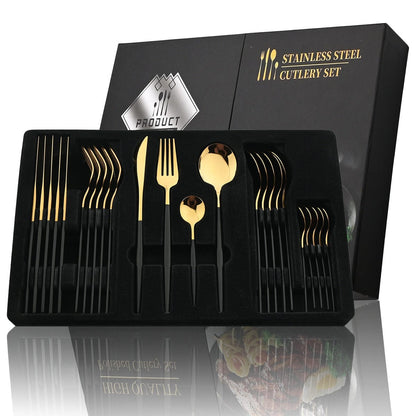 Set de couverts dorés avec manche noir - Acier inoxydable 24 pièces - VF20943