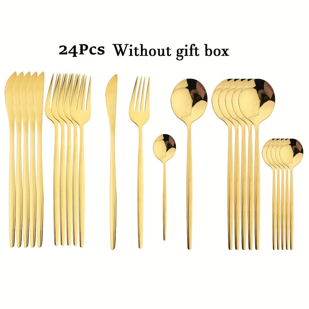 Set de couverts dorés avec manche noir - Acier inoxydable 24 pièces - VF20943 Golden
