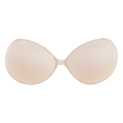 Soutien-gorge beige invisible sans bretelles push-up adhésif dos nu pour un look épuré et confortable.