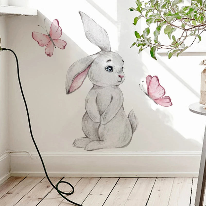 Sticker Mural Chambre avec un Lapin et Deux Papillons