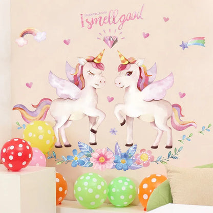 Sticker Mural Chambre avec des Licornes des Fleurs et des Cœurs