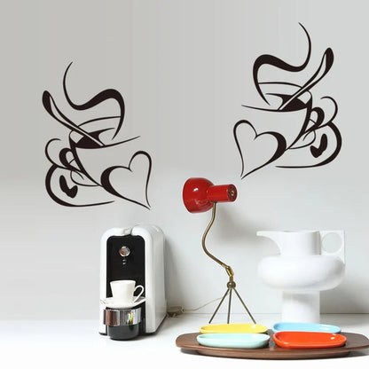 Sticker Mural Salon avec Deux Tasses à Café et Deux Cœurs