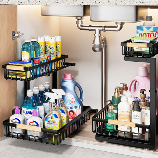 Lot de 2 supports de rangement sous évier en métal à deux niveaux coulissants