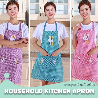 Tablier de Cuisine Lapin Cartoon Mignon pour Hommes et Femmes - 70x60cm - Rose Blanc - Matériau Imperméable en Coton Lin Facile à Nettoyer