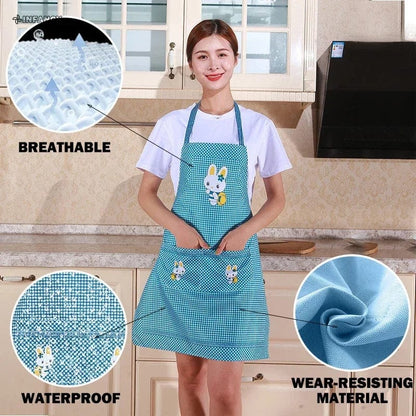 Tablier de Cuisine Lapin Cartoon Mignon pour Hommes et Femmes - 70x60cm - Rose Blanc - Matériau Imperméable en Coton Lin Facile à Nettoyer