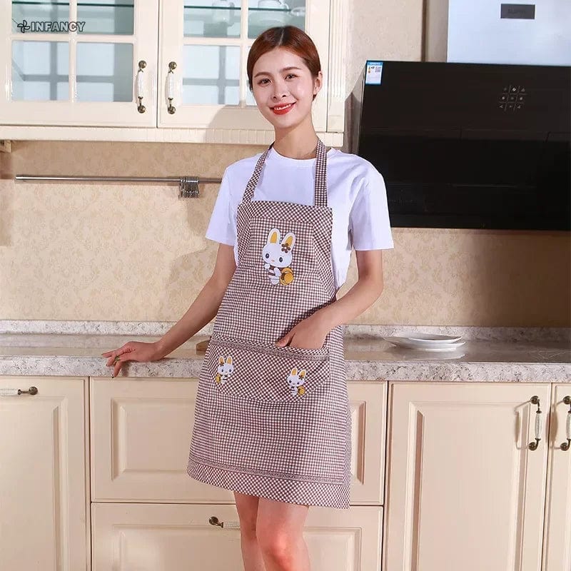 Tablier de Cuisine Lapin Cartoon Mignon pour Hommes et Femmes - 70x60cm - Rose Blanc - Matériau Imperméable en Coton Lin Facile à Nettoyer coffee