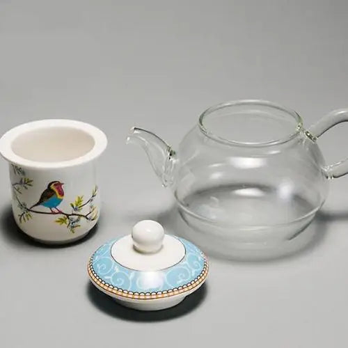 Théière Vintage en Verre avec Motif d'Oiseaux