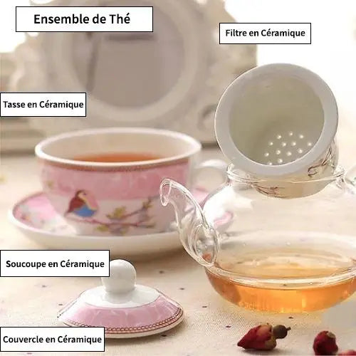 Théière Vintage en Verre avec Motif d'Oiseaux