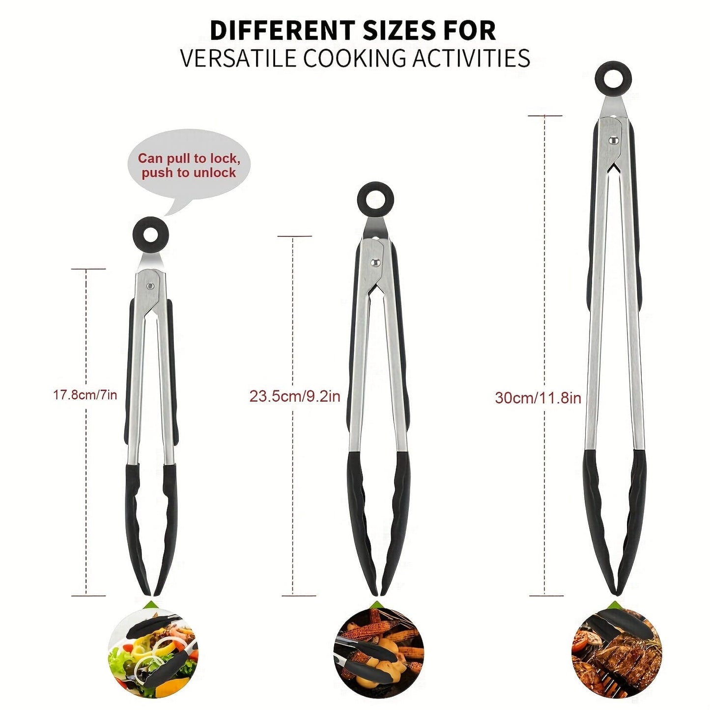 Tong de cuisine en acier inoxydable avec embouts en silicone noirs