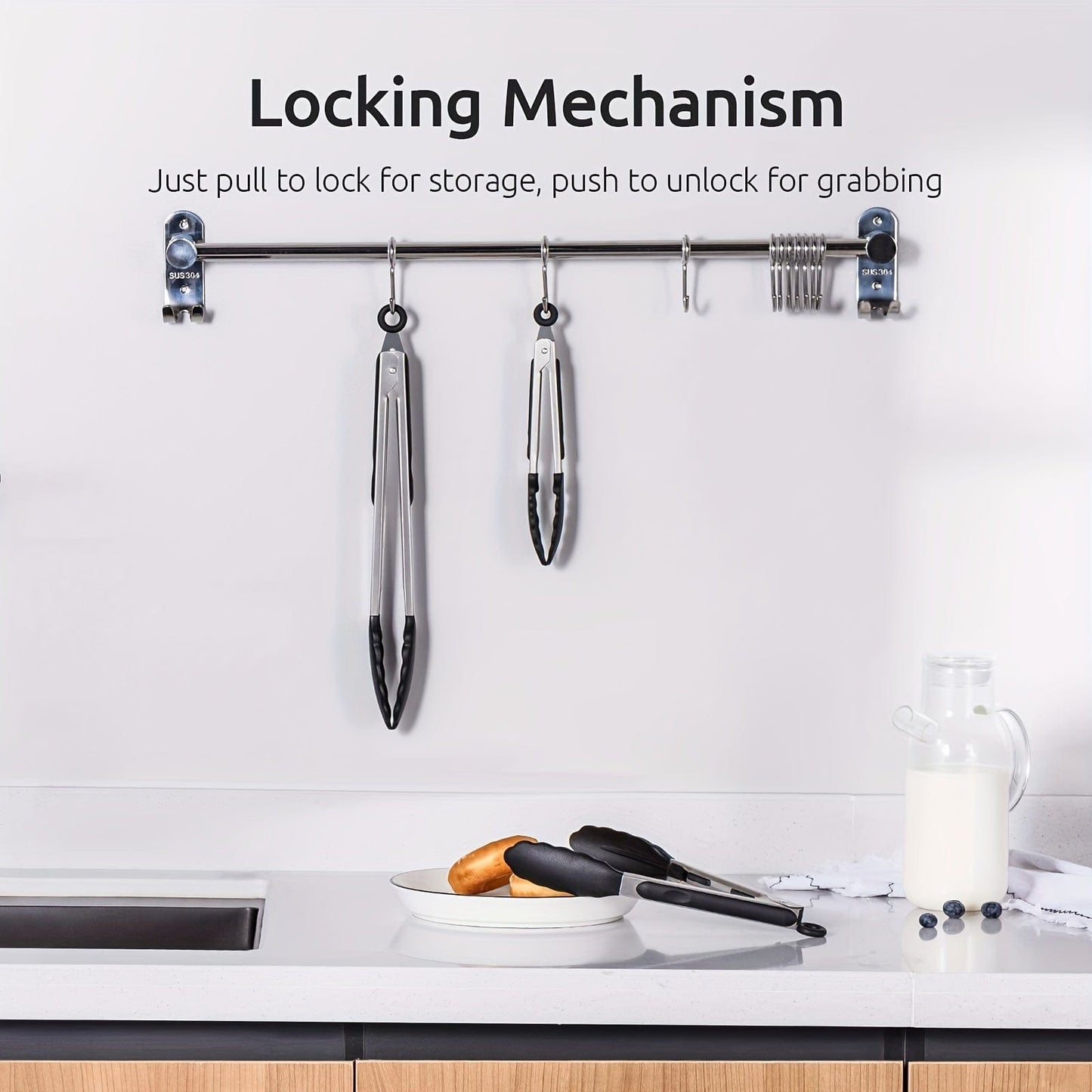 Tong de cuisine en acier inoxydable avec embouts en silicone noirs