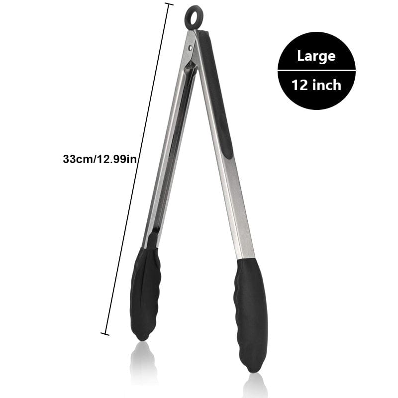 Tong de cuisine en acier inoxydable avec embouts en silicone noirs Large