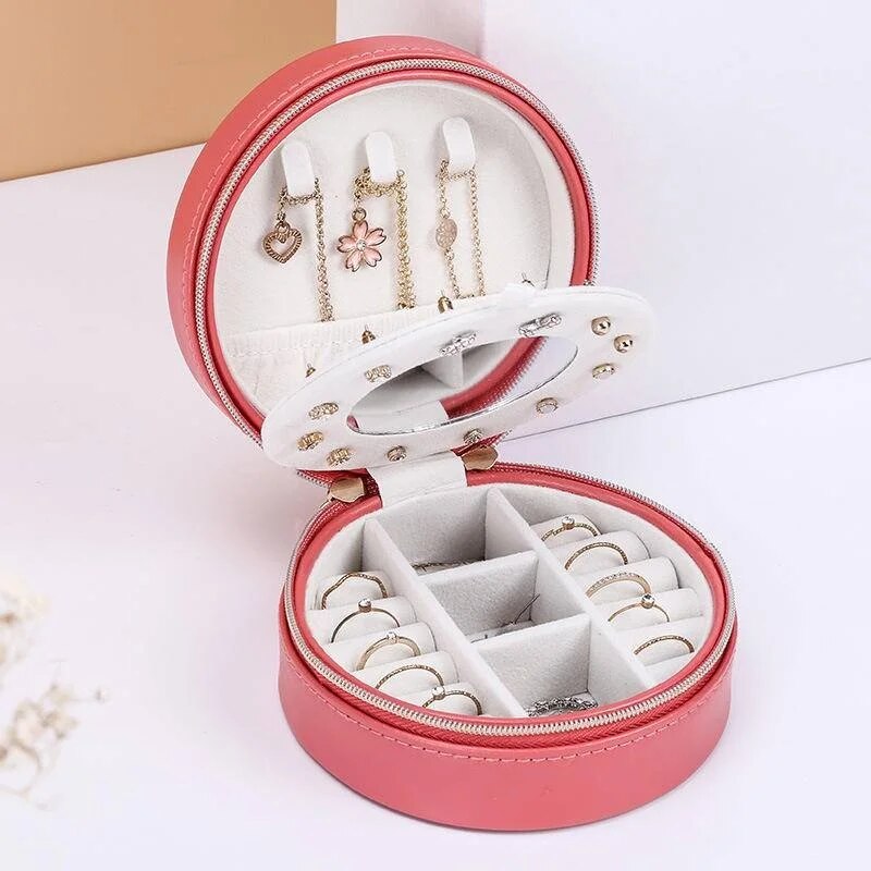 Trousse à bijoux de voyage en cuir ronde
