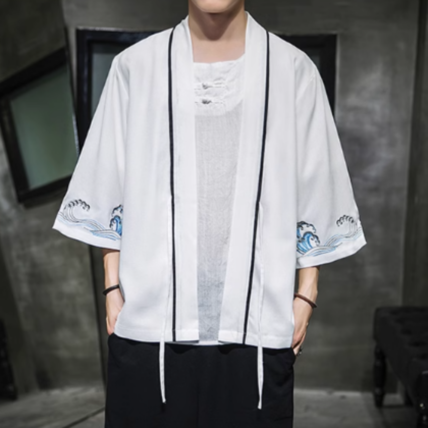 Veste Kimono Homme Motif Vague ’Iko’ - Blanc / S