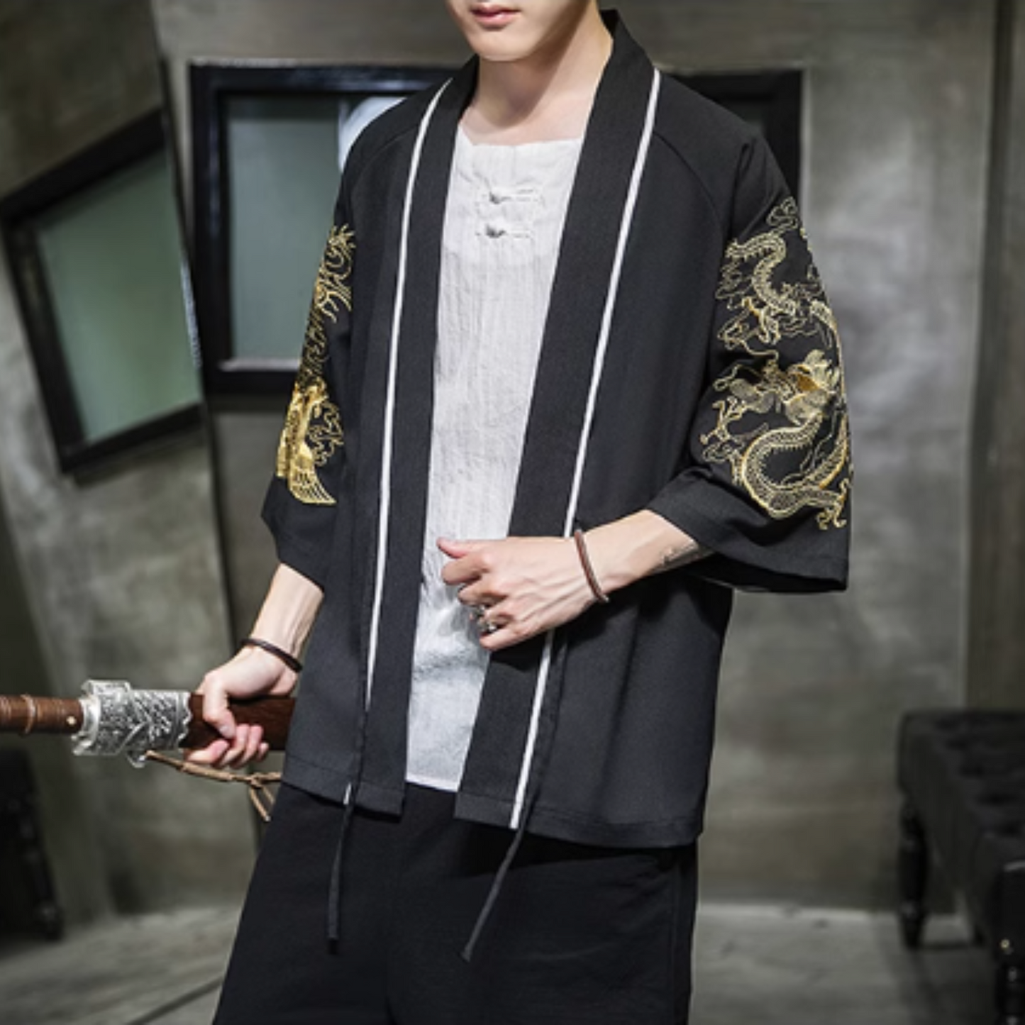 Haori japonais homme motif dragon doré