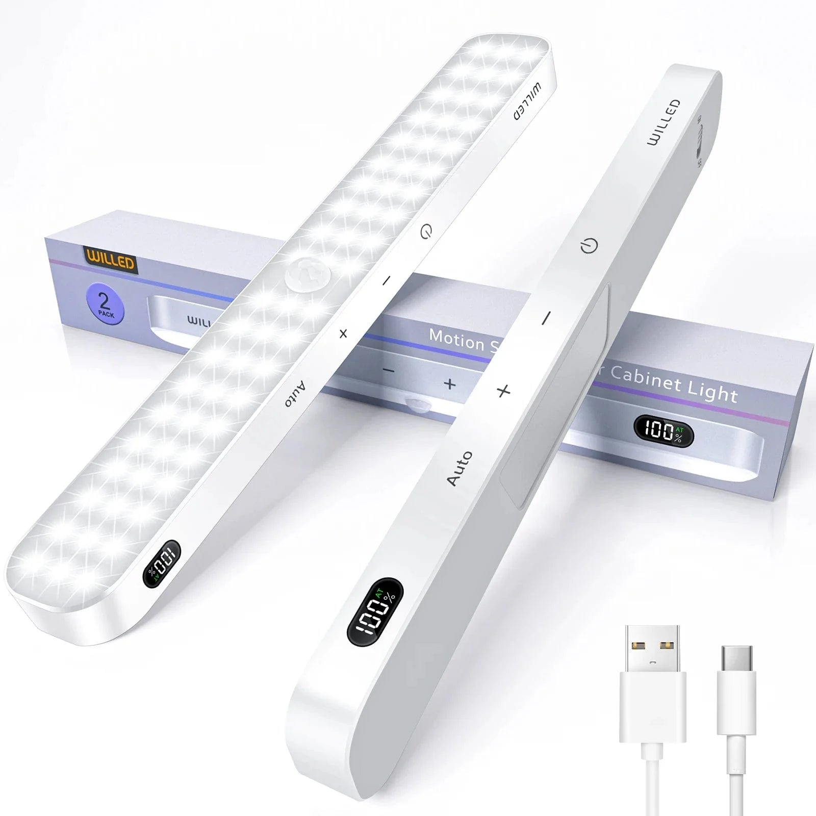 WILLED  Motion Sensor Cabinet Light Battery Display 60 LED Touch Light Bar Wireless Rechargeable Battery Night Light Cabinet Light 2PCS